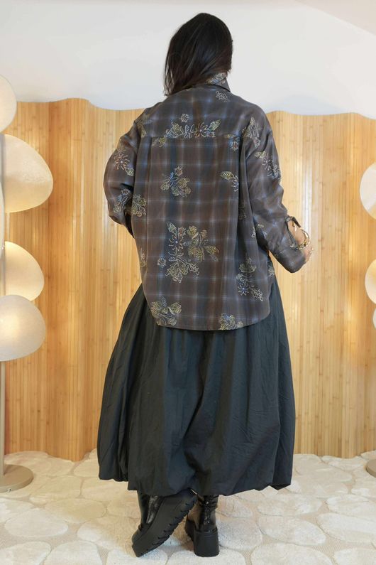 Zeta Otto Plaid Botanical Neck Tie Blouse Chocolate /7=